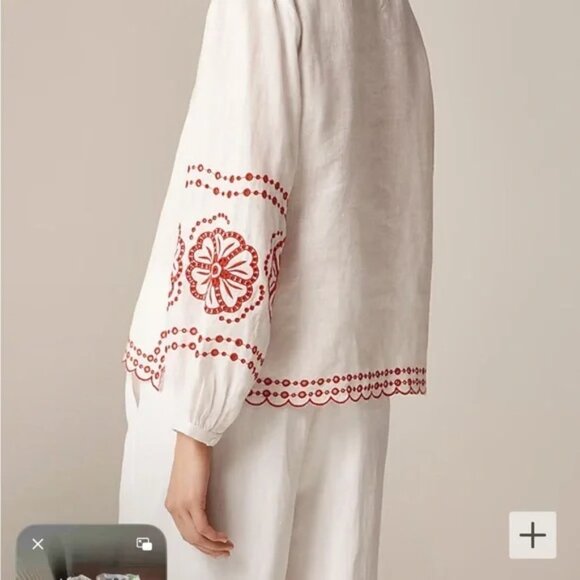 J. Crew Bungalow Embroidered Floral Linen Top S Womens Scallop Trim White Red - Picture 2 of 9